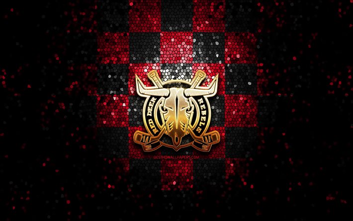 Red Deer Rebels, logo paillet&#233;, WHL, fond quadrill&#233; noir rouge, hockey, &#233;quipe canadienne de hockey, logo Red Deer Rebels, art de la mosa&#239;que, ligue canadienne de hockey