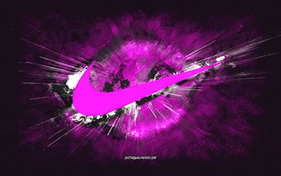 Nike logosu, grunge sanat, mor taş arka plan, Nike mor logosu, Nike, yaratıcı sanat, Nike grunge logosu