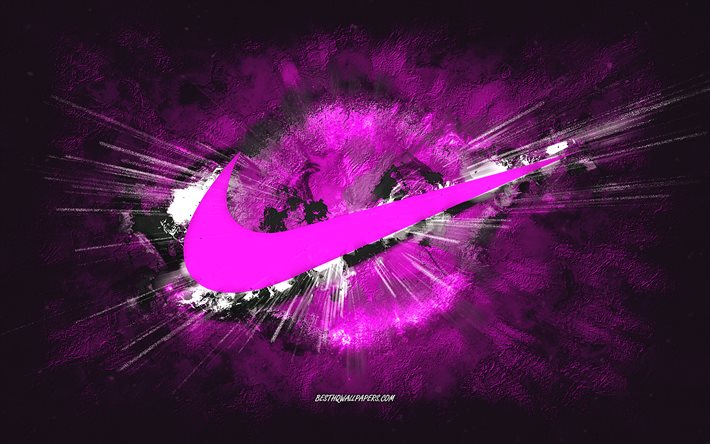 Nike -logo, grunge -taide, violetti kivitausta, Nike -violetti -logo, Nike, creative art, Nike grunge -logo
