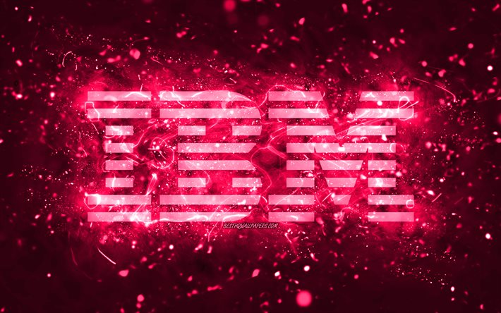 IBM pembe logosu, 4k, pembe neon ışıkları, yaratıcı, pembe soyut arka plan, IBM logosu, markalar, IBM