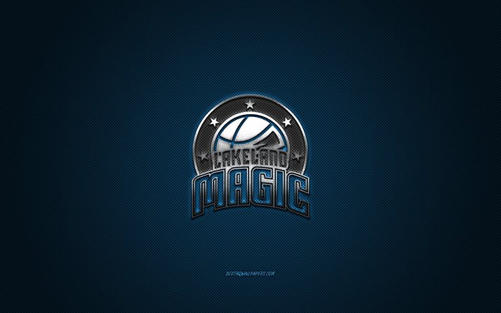 lakeland magic, american basketball club, silbernes logo, blauer kohlefaserhintergrund, nba g league, basketball, florida, usa, lakeland magic logo