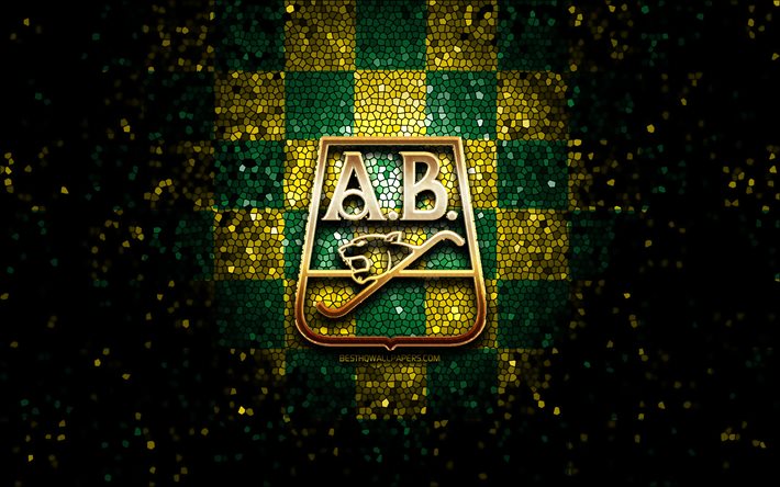 Atletico Bucaramanga FC, logo glitter, Categoria Primera A, sfondo a scacchi verde giallo, calcio, squadra di calcio colombiana, logo Atletico Bucaramanga, arte del mosaico, Atletico Bucaramanga, campionato di calcio colombiano