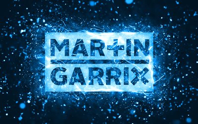 Logotipo azul de Martin Garrix, 4k, DJs holandeses, luzes de n&#233;on azuis, criativo, fundo abstrato azul, Martijn Gerard Garritsen, logotipo de Martin Garrix, estrelas da m&#250;sica, Martin Garrix