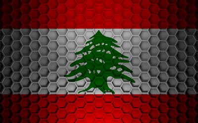 Drapeau du Liban, texture des hexagones 3d, Liban, texture 3d, drapeau du Liban 3d, texture en m&#233;tal, drapeau du Liban