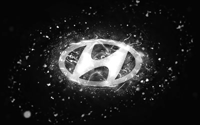 Logo Hyundai bianco, 4k, luci al neon bianche, creativo, sfondo astratto nero, logo Hyundai, marche di automobili, Hyundai