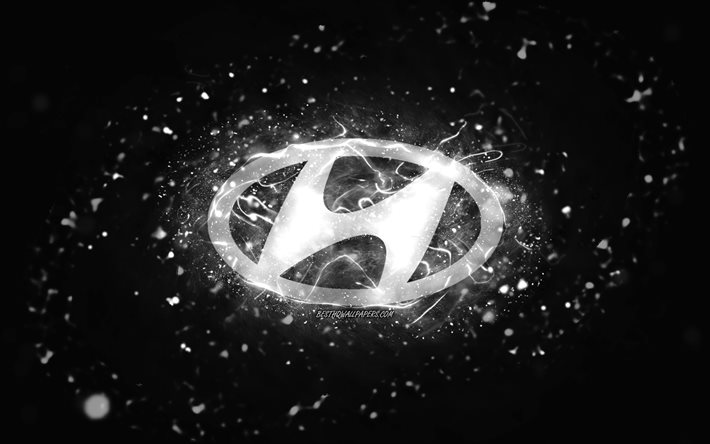 Logotipo branco da Hyundai, 4k, luzes de n&#233;on brancas, criativo, fundo abstrato preto, logotipo da Hyundai, marcas de carros, Hyundai