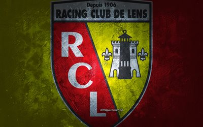 RC Lens, sele&#231;&#227;o francesa de futebol, fundo vermelho amarelo, logotipo do RC Lens, arte do grunge, Ligue 1, Fran&#231;a, futebol, emblema do RC Lens