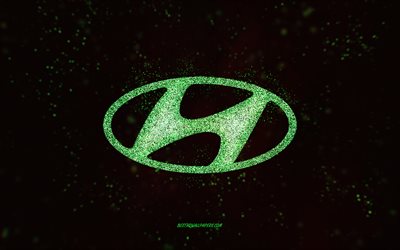 Logotipo com glitter da Hyundai, 4k, fundo preto, logotipo da Hyundai, arte com glitter verde, Hyundai, arte criativa, logotipo com glitter verde da Hyundai