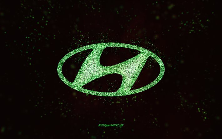 Logo de paillettes Hyundai, 4k, fond noir, logo Hyundai, art de paillettes vertes, Hyundai, art cr&#233;atif, logo de paillettes vertes Hyundai