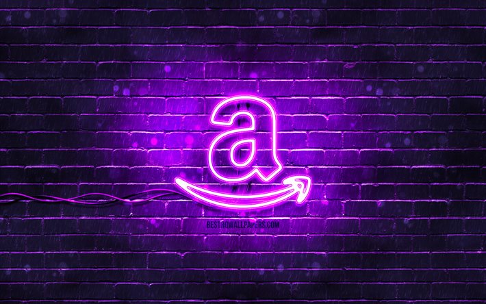 Amazon violet logo, 4k, violet brickwall, Amazon logo, brands, Amazon neon logo, Amazon