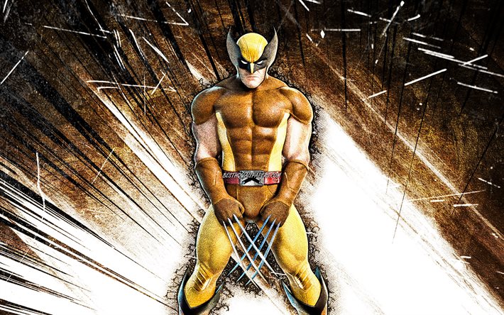4k, Wolverine, arte grunge, super-her&#243;is, Logan, Marvel Comics, raios abstratos amarelos, James Howlett, Wolverine 4K