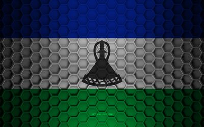 Drapeau du Lesotho, texture des hexagones 3d, Lesotho, texture 3d, drapeau du Lesotho 3d, texture m&#233;tallique, drapeau du Lesotho