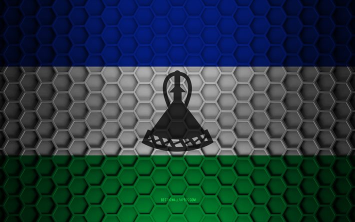 Drapeau du Lesotho, texture des hexagones 3d, Lesotho, texture 3d, drapeau du Lesotho 3d, texture m&#233;tallique, drapeau du Lesotho