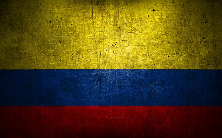 Bandiera colombiana in metallo, arte grunge, paesi sudamericani, giorno della Colombia, simboli nazionali, bandiera colombiana, bandiere metalliche, sud america, Colombia