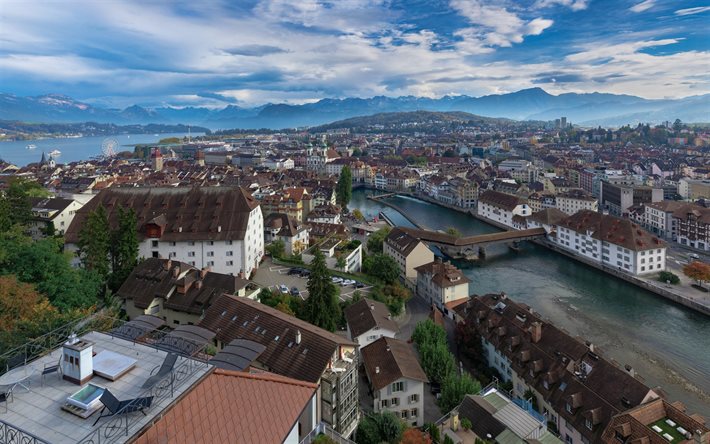 Lucerne, matin, paysage de montagne, panorama de Lucerne, paysage urbain de Lucerne, rivi&#232;re, Alpes, Suisse