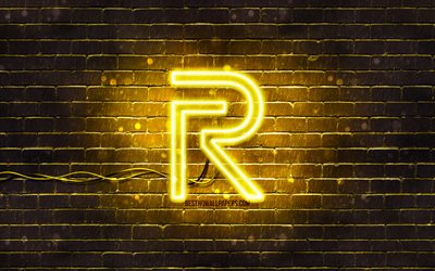 Logo giallo Realme, 4k, muro di mattoni giallo, logo Realme, marchi, logo al neon Realme, Realme