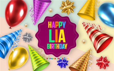 Happy Birthday Lia, 4k, Birthday Balloon Background, Lia, creative art, Happy Lia birthday, silk bows, Lia Birthday, Birthday Party Background