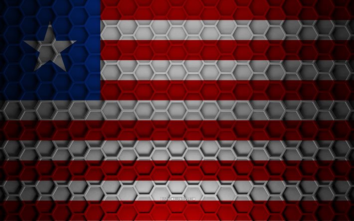 Liberia flag, 3d hexagons texture, Liberia, 3d texture, Liberia 3d flag, metal texture, flag of Liberia