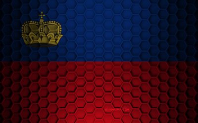 Bandeira de Liechtenstein, textura de hex&#225;gonos 3D, Liechtenstein, textura 3D, bandeira de Liechtenstein 3D, textura de metal, bandeira de Liechtenstein