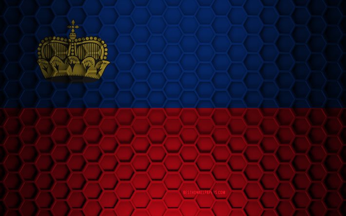 Drapeau du Liechtenstein, texture des hexagones 3d, Liechtenstein, texture 3d, drapeau du Liechtenstein 3d, texture m&#233;tallique, drapeau du Liechtenstein
