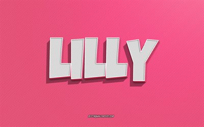 Lilly, rosa linjer bakgrund, tapeter med namn, Lilly namn, kvinnliga namn, Lilly gratulationskort, linjekonst, bild med Lilly namn
