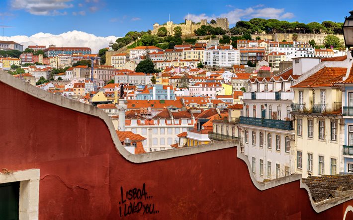 Lissabon, Sao Jorge Castle, morgon, gator, Saint George Castle, Lissabons panorama, Lissabons stadsbild, Portugal