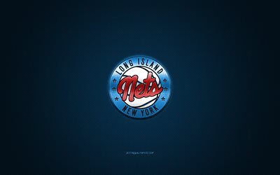 ロングアイランド, アメリカのバスケットボールクラブ, 赤いロゴ, 青い炭素繊維の背景, NBAGリーグ, バスケットボール, New York, 米国, ロングアイランドネッツのロゴ