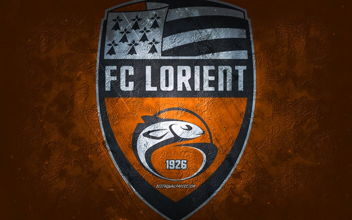FC Lorient, equipo de f&#250;tbol franc&#233;s, fondo naranja, logotipo del FC Lorient, arte grunge, Ligue 1, Francia, f&#250;tbol, emblema del FC Lorient