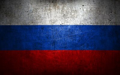 Russian metal flag, grunge art, European countries, Day of Russia, national symbols, Russia flag, metal flags, Flag of Russia, Europe, Russian flag, Russia
