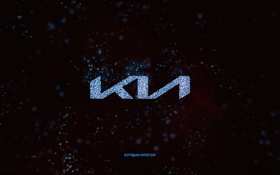 Kia glitter logo, 4k, black background, Kia logo, blue glitter art, Kia, creative art, Kia blue glitter logo