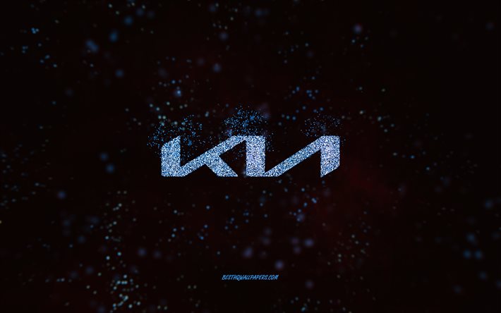 Kia logo glitter, 4k, sfondo nero, logo Kia, arte glitter blu, Kia, arte creativa, logo Kia glitter blu