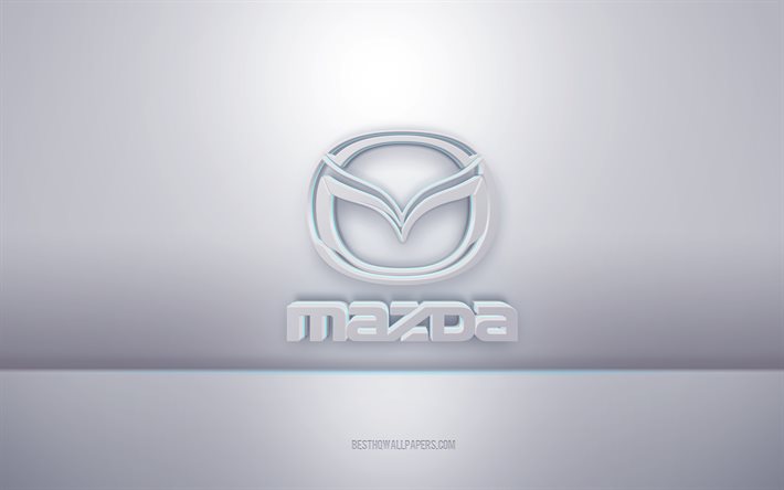 مازدا شعار أبيض ثلاثي الأبعاد, خلفية رمادية, شعار مازدا, الفن الإبداعي 3D, مازدا, 3d شعار