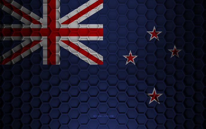 New Zealand flag, 3d hexagons texture, New Zealand, 3d texture, New Zealand 3d flag, metal texture, flag of New Zealand