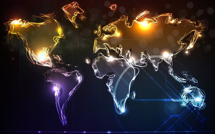 Neon mappa del mondo, 4k, arte astratta, luci al neon, creativo, mappa del mondo di vetro, concetti di viaggio, concetti di mappa del mondo, mappa del mondo 3D, mappa del mondo