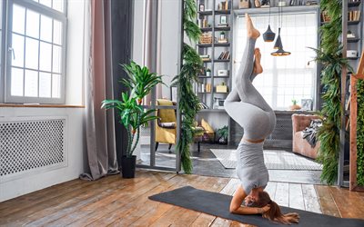 Yoga, yoga exercises, girl on the head, yoga at home, modern design