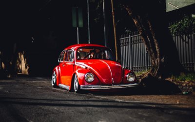 Volkswagen Beetle, 4k, ayarlama, d&#252;ş&#252;k binici, kırmızı Beetle, VW, Volkswagen
