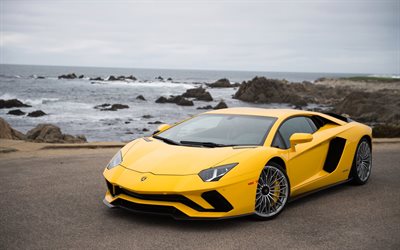 Lamborghini Aventador S, 2017, supercar, yellow Aventador, racing cars, Italian sports cars, Lamborghini