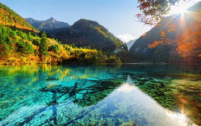 結晶ターコイズブルーの湖, 秋, 青湖, アジア, Jiuzhaigou国立公園, 中国