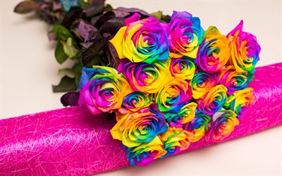 rosas multicoloridas, lindas flores, buqu&#234; de rosas, colorido bot&#245;es de rosas