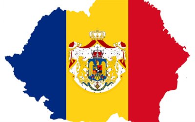 Flag of Romania, state borders, coat of arms, Romanian flag, creative art, Romania, national symbols