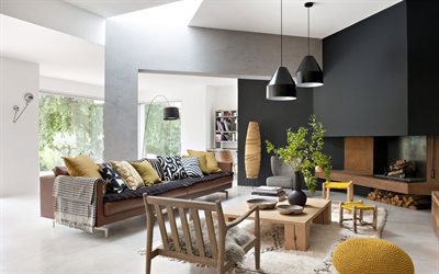 elegante sala de estar interior, estilo loft, blanco, gris, sala de estar, dise&#241;o interior moderno