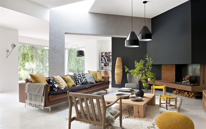 elegante sala de estar interior, estilo loft, branco cinzento sala de estar, um design interior moderno