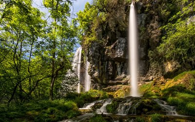 waterfall, rock, falling water, summer, forest, environment, ecology, Earth
