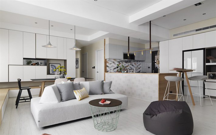 elegantes e luminosos apartamentos, um design interior moderno, apartamentos, sala de estar, sala de jantar, cozinha, interior branco