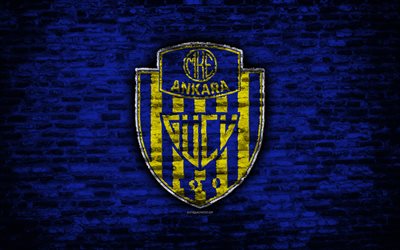 4k, Ankaragucu FC, logo, Turkey, brick wall, Super Lig, soccer, football club, Ankaragucu, brick texture, football, FC Ankaragucu