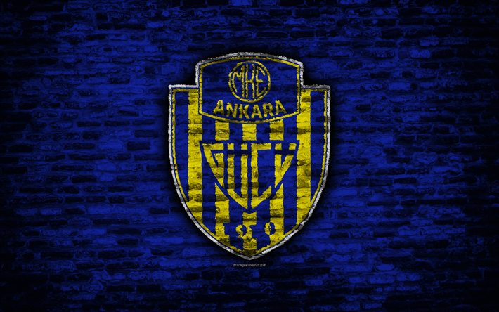 4k, Ankaragucu FC, logotipo, Turqu&#237;a, pared de ladrillos, Super Lig, f&#250;tbol, club de f&#250;tbol, Ankaragucu, textura de ladrillo, el f&#250;tbol, el FC Ankaragucu