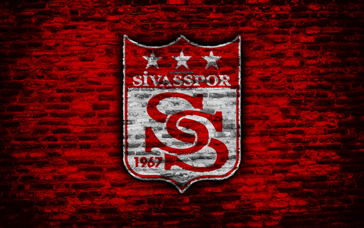 4k, Sivasspor FC, logo, Turchia, muro di mattoni, Super Lig, calcio, football club, il Sivasspor, texture di mattoni, FC Sivasspor
