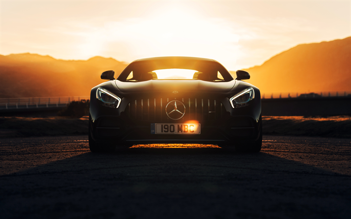 4k, A Mercedes-AMG GT C, p&#244;r do sol, 2018 carros, supercarros, carros alem&#227;es, Mercedes