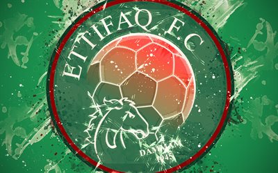 Al-Ettifaq FC, 4k, paint art, logo, creative, Saudi Arabian football team, Saudi Professional League, emblem, green background, grunge style, Dammam, Saudi Arabia, football
