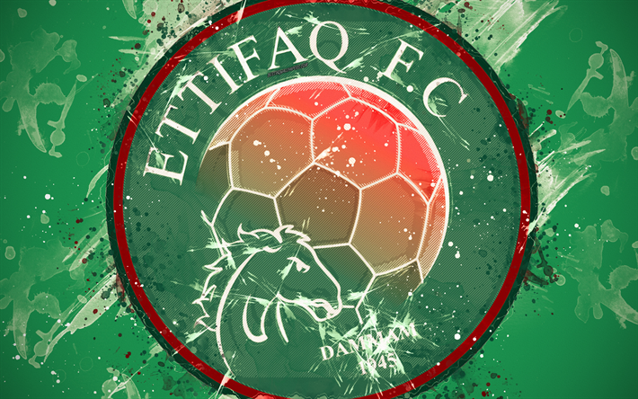 Al-Ettifaq FC, 4k, boya, sanat, logo, yaratıcı, Suudi Arabistan futbol takımı, Suudi Arabistan Profesyonel Ligi, amblemi, yeşil arka plan, grunge tarzı, 210 Ajman, Suudi Arabistan, futbol